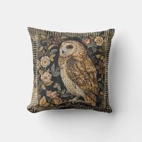 Lovely Owl in the Flowers Garden ,Gold Checkered Throw Pillow