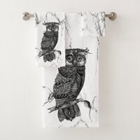 Camouflaged Owl on Marble Bath Towel Set