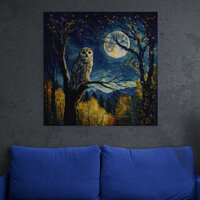 Wise Owl Perched on a Tree Under the Full Moon - Poster