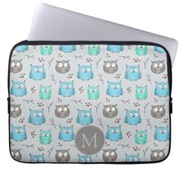 Cute Blue Grey Owl Pattern Monogram Laptop Sleeve