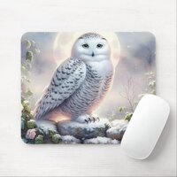 Snowy Owl in Moonlit Winter Garden Mouse Pad