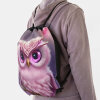 Fluffy Pink Owl with Hearts Drawstring Bag