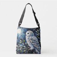 White Owl On Tree Branch Moon Owls Navy Blue Crossbody Bag