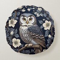 Cute Northern Saw-Whet Owl And Moonflowers On Navy Round Pillow