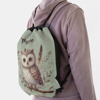 Whimsical Woodland Owl Botanical Illustration Drawstring Bag