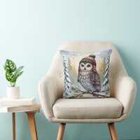 Watercolor Owl In Winter Hat Throw Pillow
