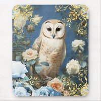 Owl and Blue Roses Mouse Pad