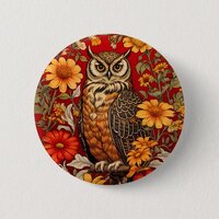 Striped Owl And Zinnia Flowers Button