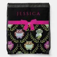 Cute Owls Pattern On Black Drawstring Bag