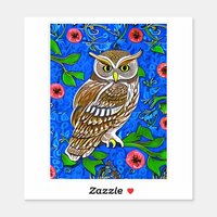 Art Nouveau Inspired Owl, Brown on Cobalt Blue Sticker