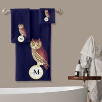 Rustic Watercolor Owl Monogram Name Navy Blue  Bath Towel Set