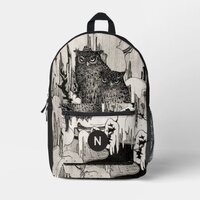 Moody Vintage Owls Black and Ivory Monogram Printed Backpack