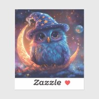 Cute Owl Wizard on the Moon: Magical Fantasy Art Sticker