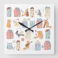 Cute foxes/owls/houses/kids/nursery white square wall clock