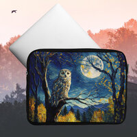 Charming Autumn Night, Wise Owl and Full Moon -  Laptop Sleeve