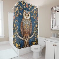 Owl on a branch blue autumn background art nouveau shower curtain