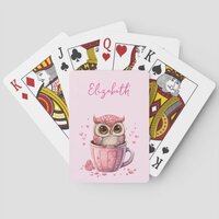 Cute Pink Owl in a Cup Poker Cards