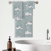 Cute Mom and Son Owl Pattern Blue-Gray Bath Towel Set