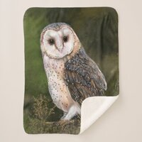 Western Barn Owl - Migned Watercolor Painting Art  Sherpa Blanket