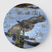 Flying Great Grey Owl Wildlife Photo Portrait II Large Clock