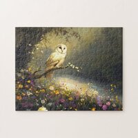 Whimsical Snowy White Owl Wildflowers Art Jigsaw Puzzle