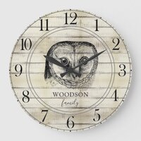 Owl Rustic Light Wood Family Name  Large Clock