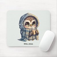 Cute Big-Eyed Owl Holding a Coffee Mouse Pad