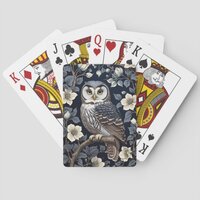 Cute Northern Saw-Whet Owl And Moonflowers On Navy Poker Cards