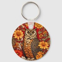 Striped Owl And Zinnia Flowers Keychain