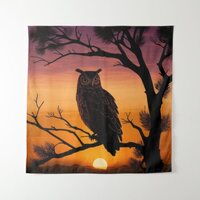 Owl Sunset Silhouette Tapestry
