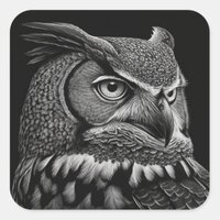 Scratchboard style Horned Owl Square Sticker