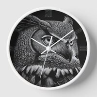 Scratchboard style Horned Owl Clock